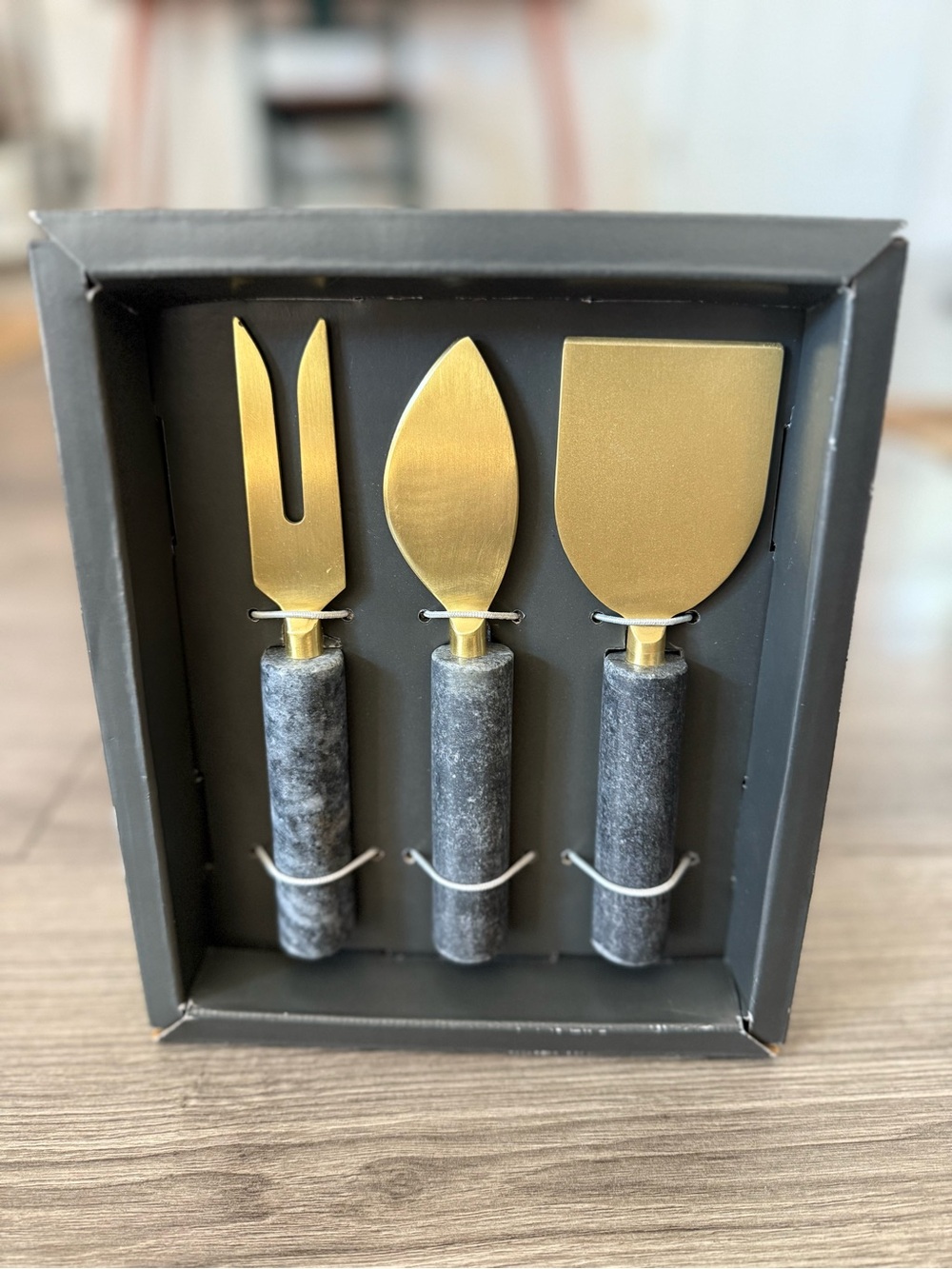 Crate&Barrel Black Marble Cheese Knife Set with Gold Blades
